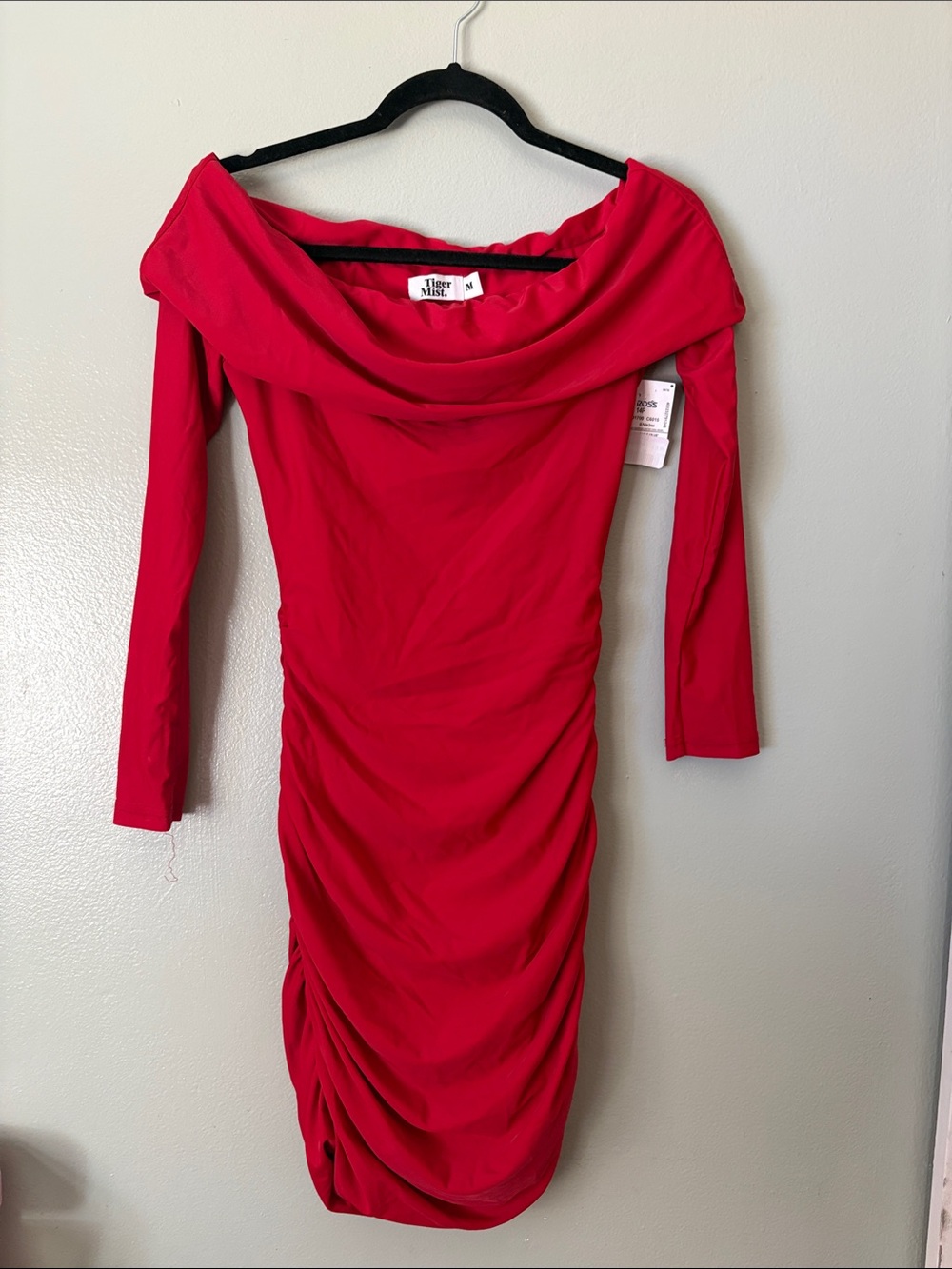 Tiger Mist Bright Red Off-Shoulder Ruched Long Sleeve Dress